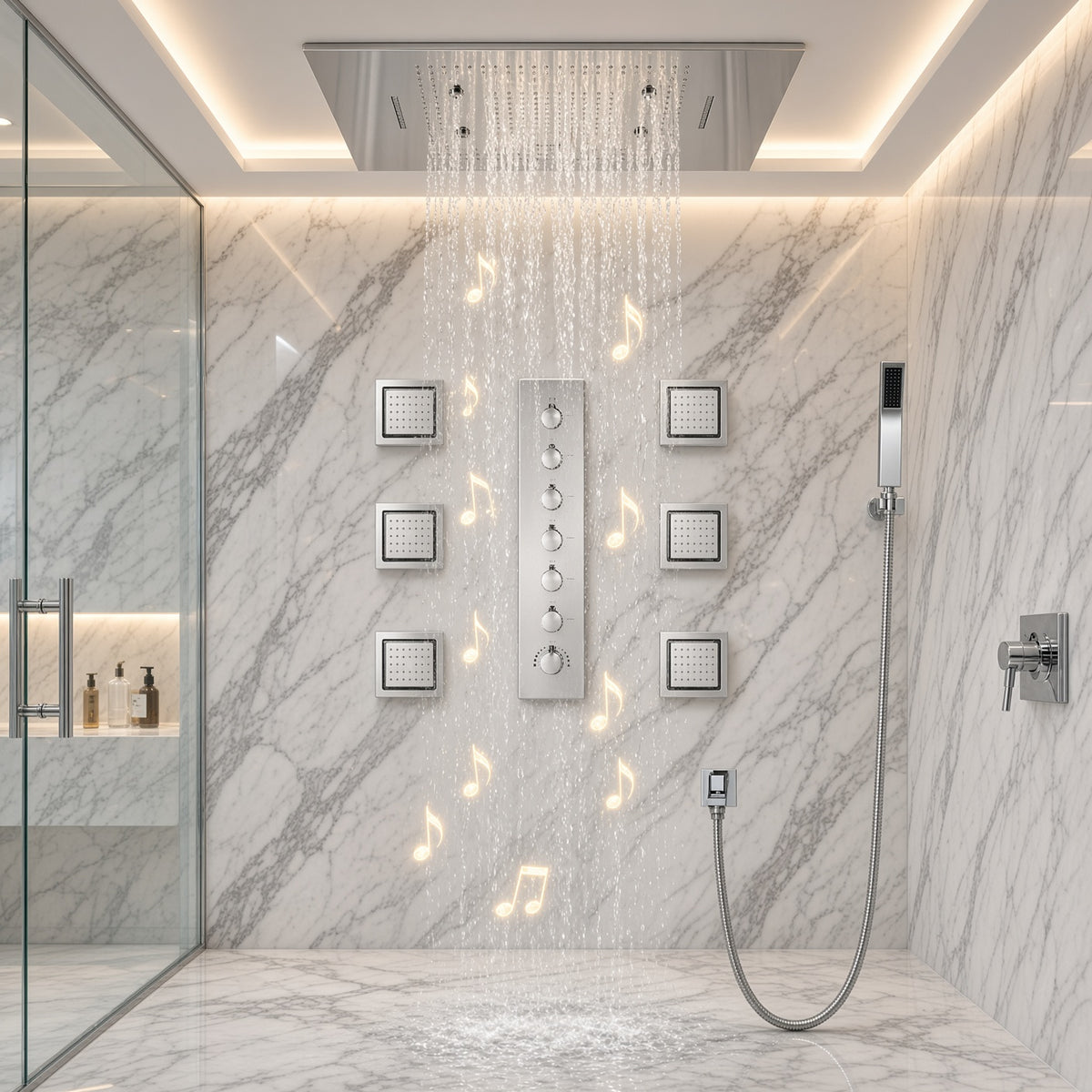 TULUM chrome LED music shower system with thermostatic valve and body jets