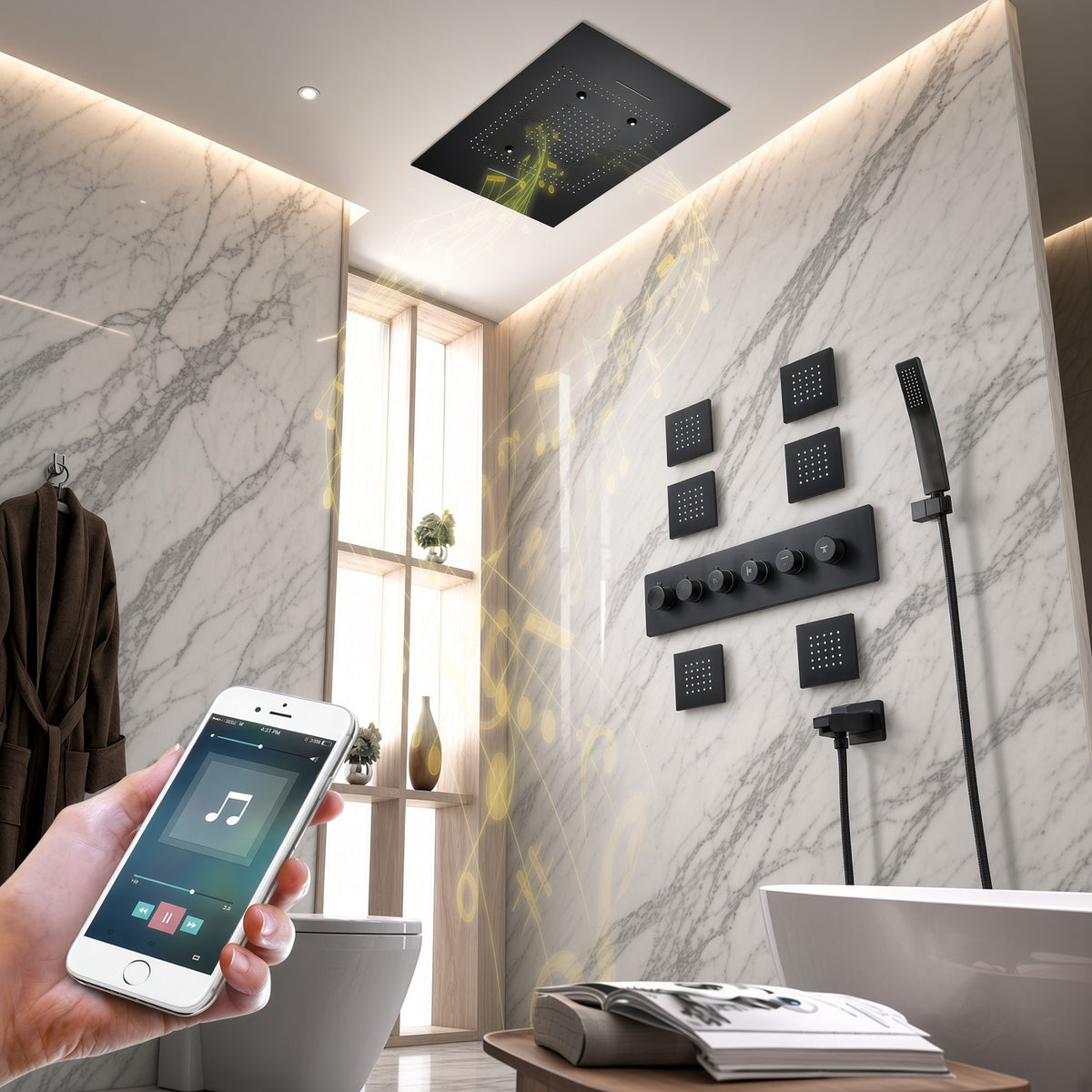 TULUM matte black complete shower system installed in a modern bathroom