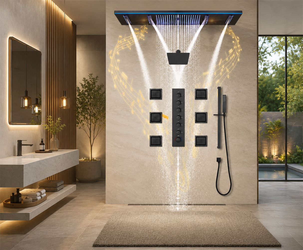 AROMA|47"COMPLETE LUXURY RAINFALL WARERFALL SHOWER SYSTEM LED MUSIC SHOWER SYSTEM