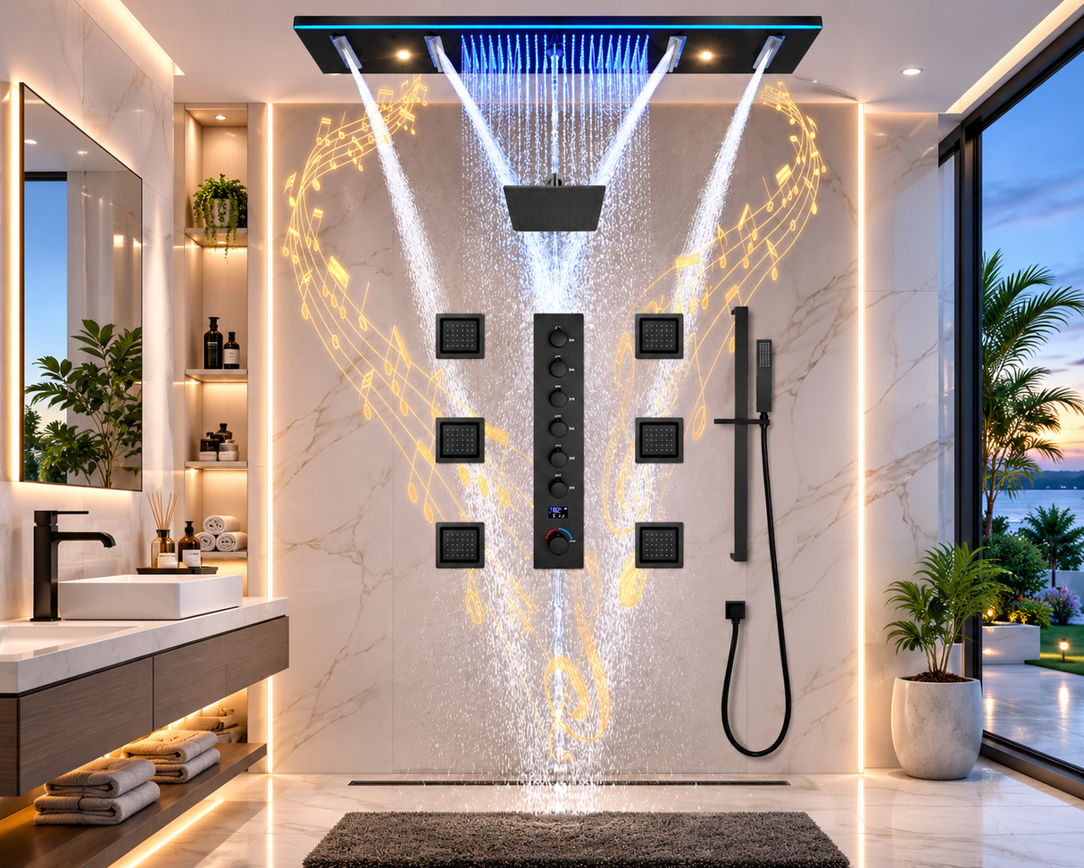 AROMA|47"COMPLETE LUXURY RAINFALL WARERFALL SHOWER SYSTEM LED MUSIC SHOWER SYSTEM