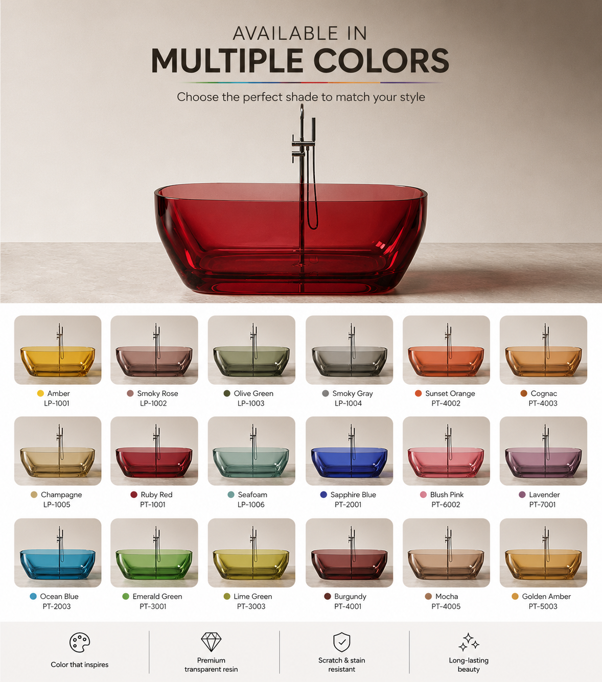 ASPPIRE| 62" Pure Resin Freestanding Bathtub with a Transparent Finish Luxury Freestanding Bathtub