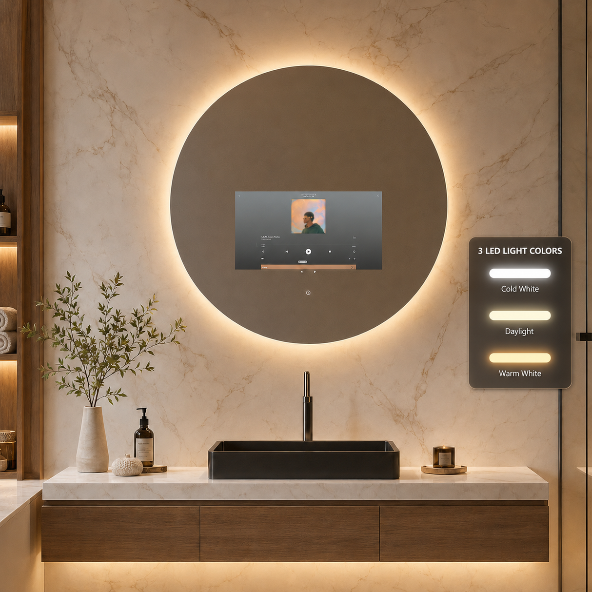 Circle Smart LED Bathroom Mirror Built-in TV screen Android Wi-Fi Bluetooth Intelligent bathroom mirror