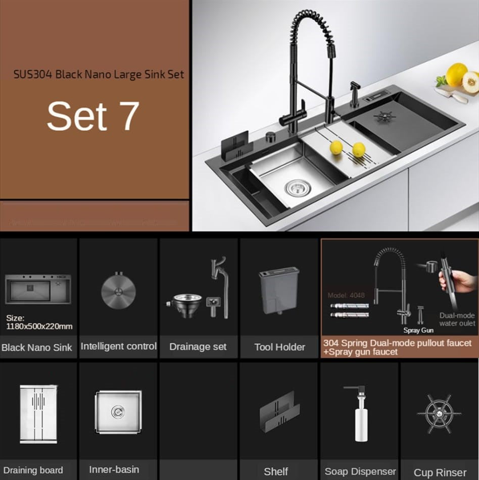 DEERA| 46.5" Luxury Complete Workstation Kitchen Sink Stainless steel Kitchen Sink Cup Rinser Sink