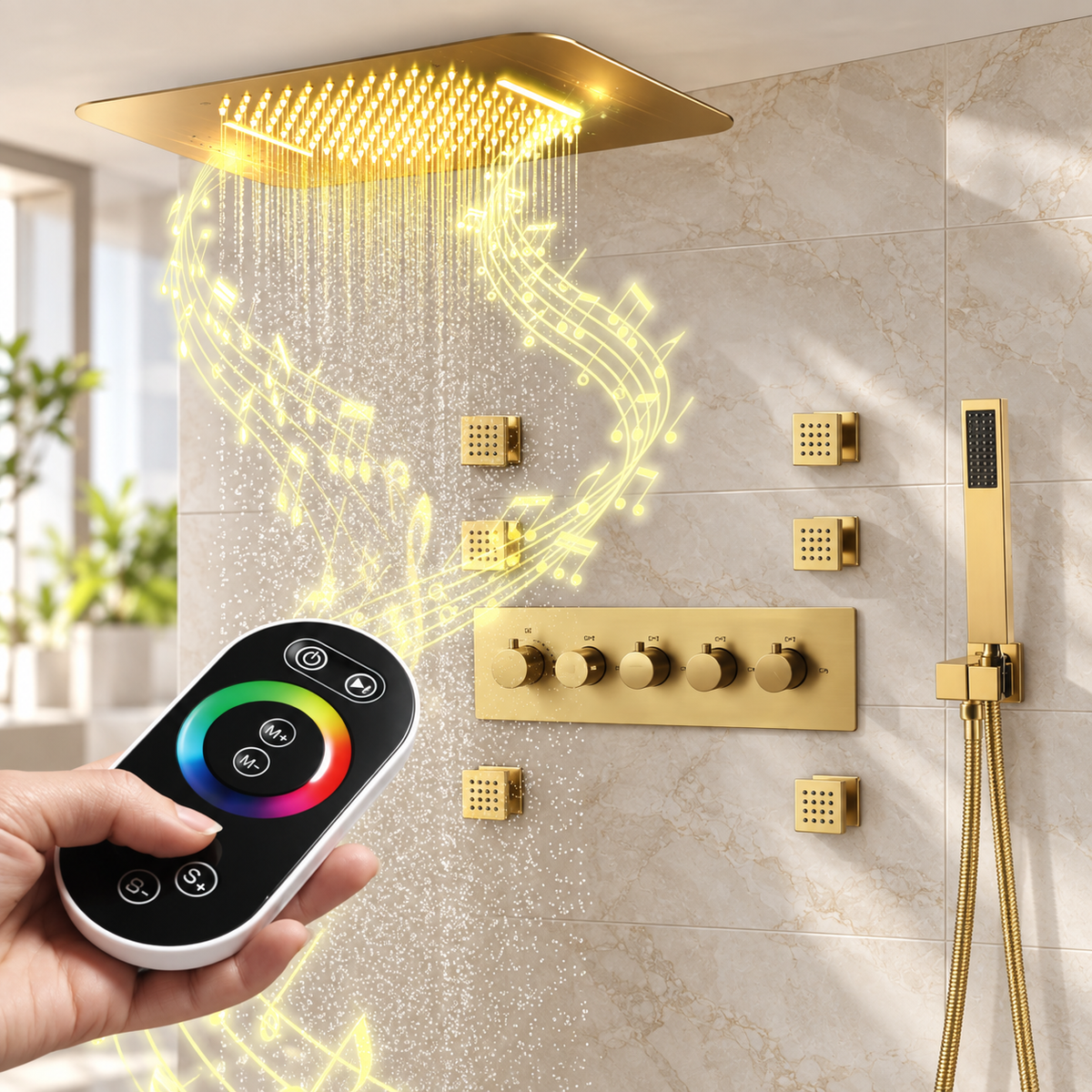 FAVOR | 23" Ceiling Mounted Complete Thermostatic LED Music Shower System 6 Body Jets
