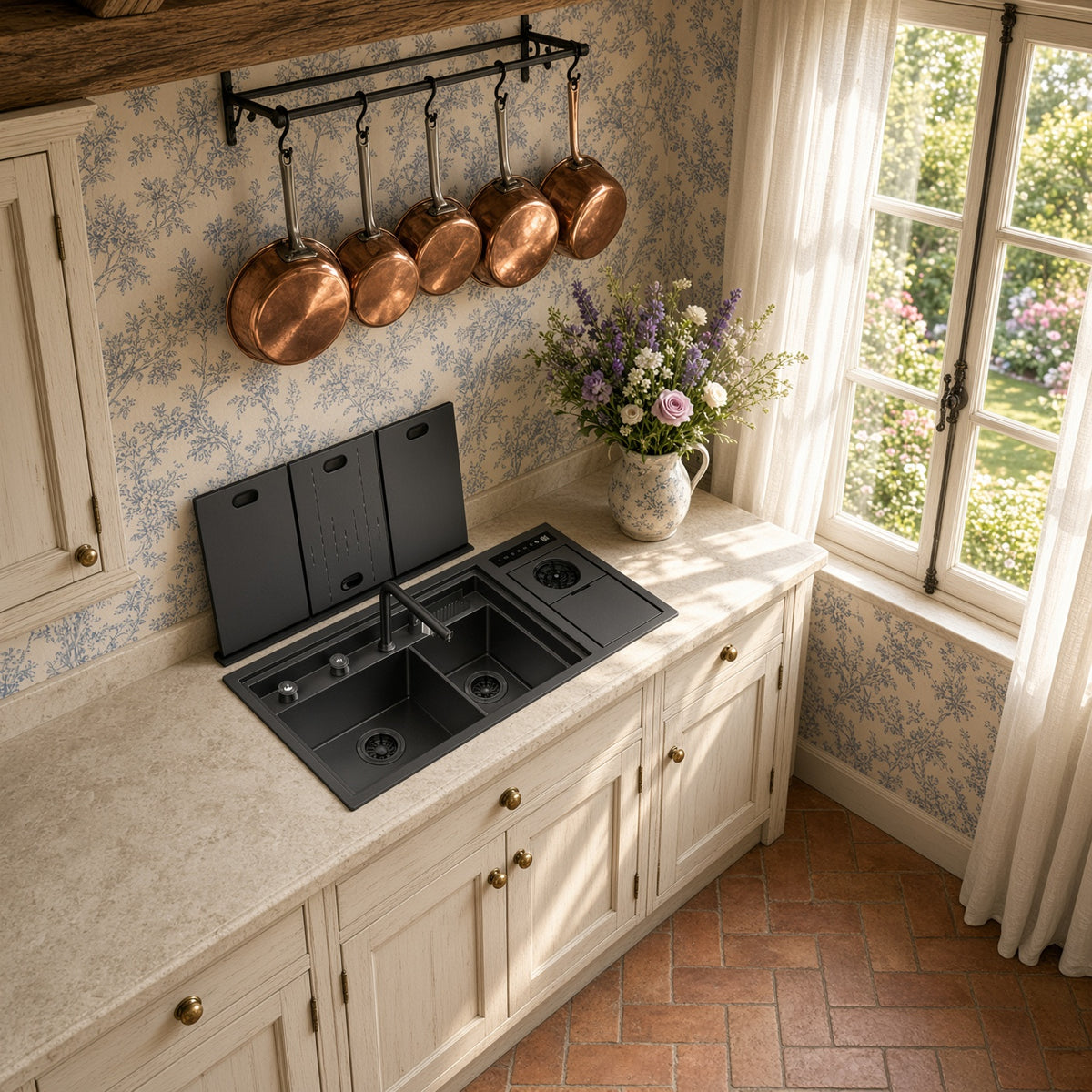 NIX38 gun grey workstation sink with folding covers open in a warm kitchen