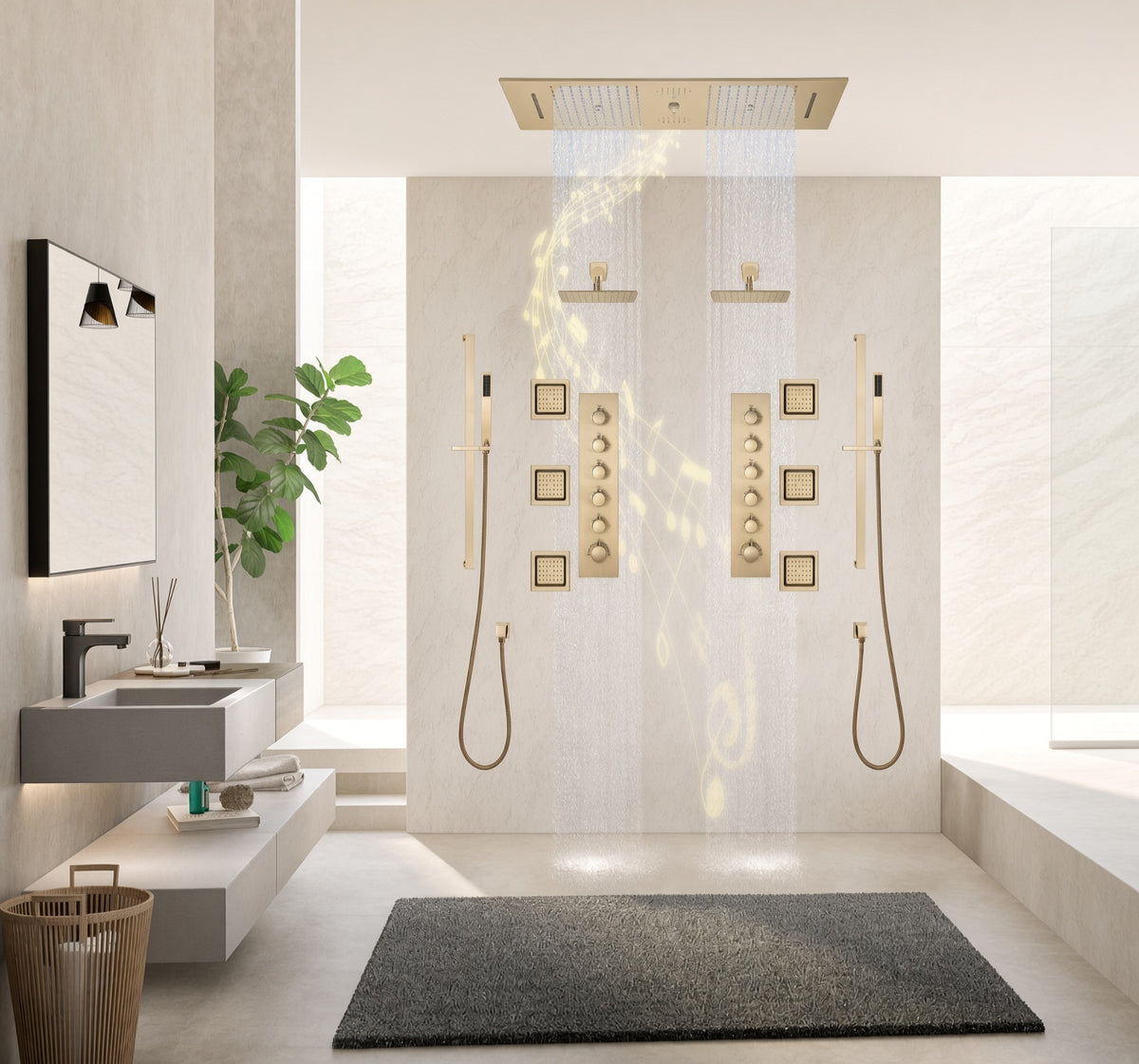 Multnomah brushed gold shower system in white bathroom