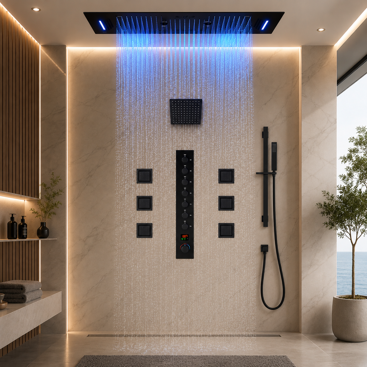 IVEY 36" X 16" SMART LED MUSIC SHOWER SYSTEM RAINFALL, WATERFALL, BODY JETS, HANDHELD SHOWER & WALL-MOUNT SHOWER HEAD