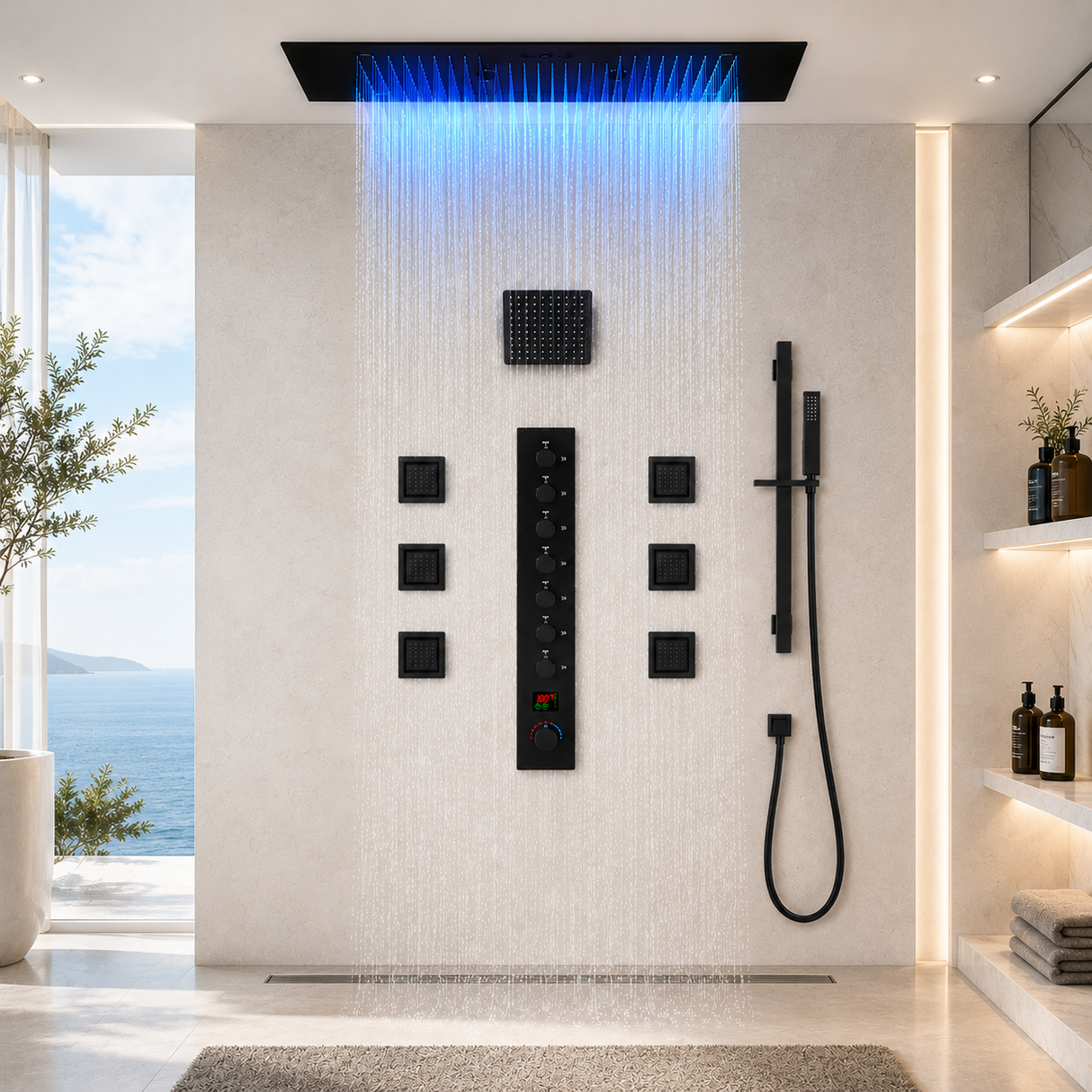 IVEY 36" X 16" SMART LED MUSIC SHOWER SYSTEM RAINFALL, WATERFALL, BODY JETS, HANDHELD SHOWER & WALL-MOUNT SHOWER HEAD