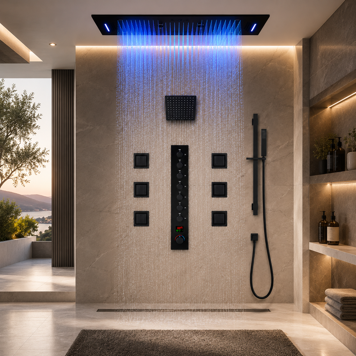 IVEY 36" X 16" SMART LED MUSIC SHOWER SYSTEM RAINFALL, WATERFALL, BODY JETS, HANDHELD SHOWER & WALL-MOUNT SHOWER HEAD