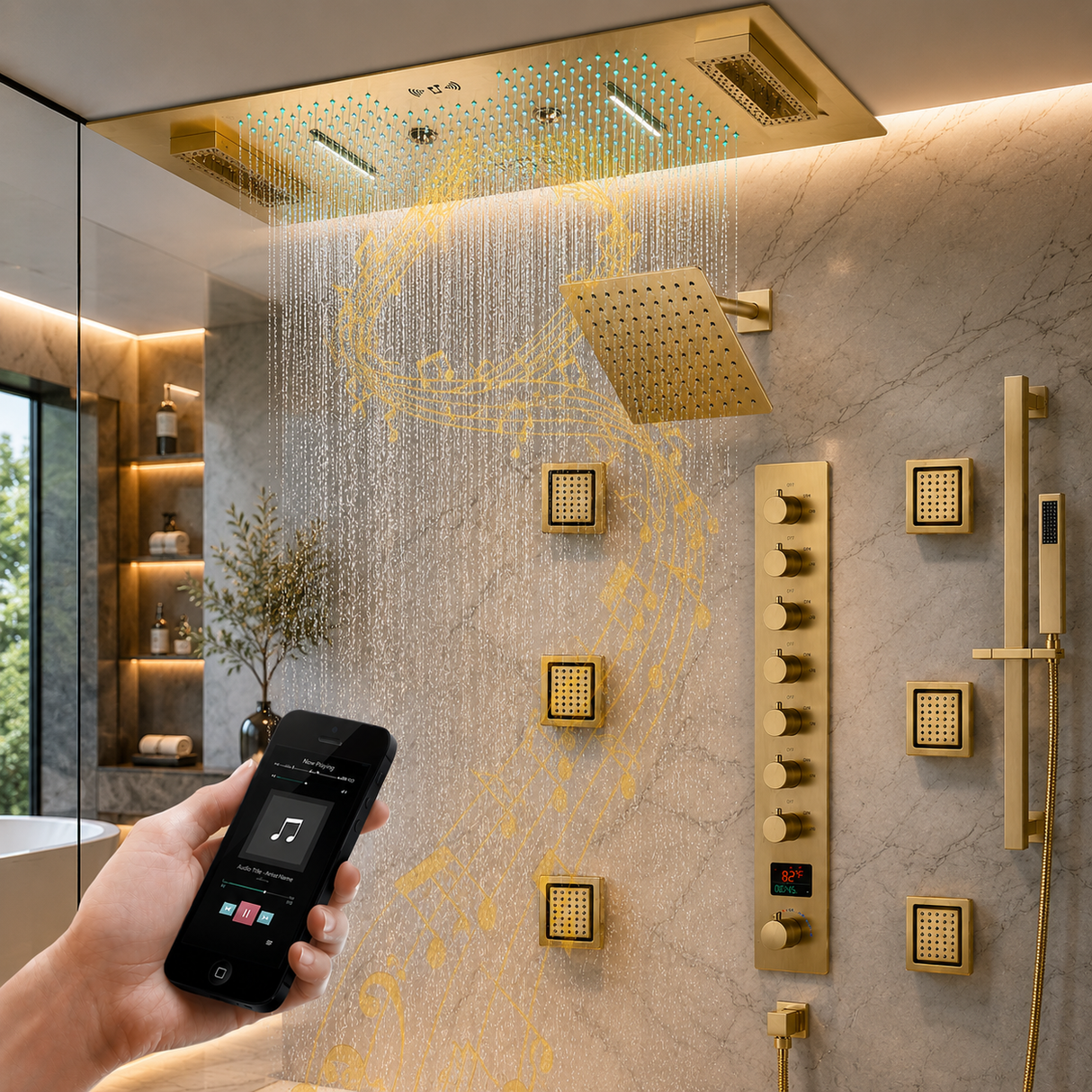 IVEY 36" X 16" SMART LED MUSIC SHOWER SYSTEM RAINFALL, WATERFALL, BODY JETS, HANDHELD SHOWER & WALL-MOUNT SHOWER HEAD