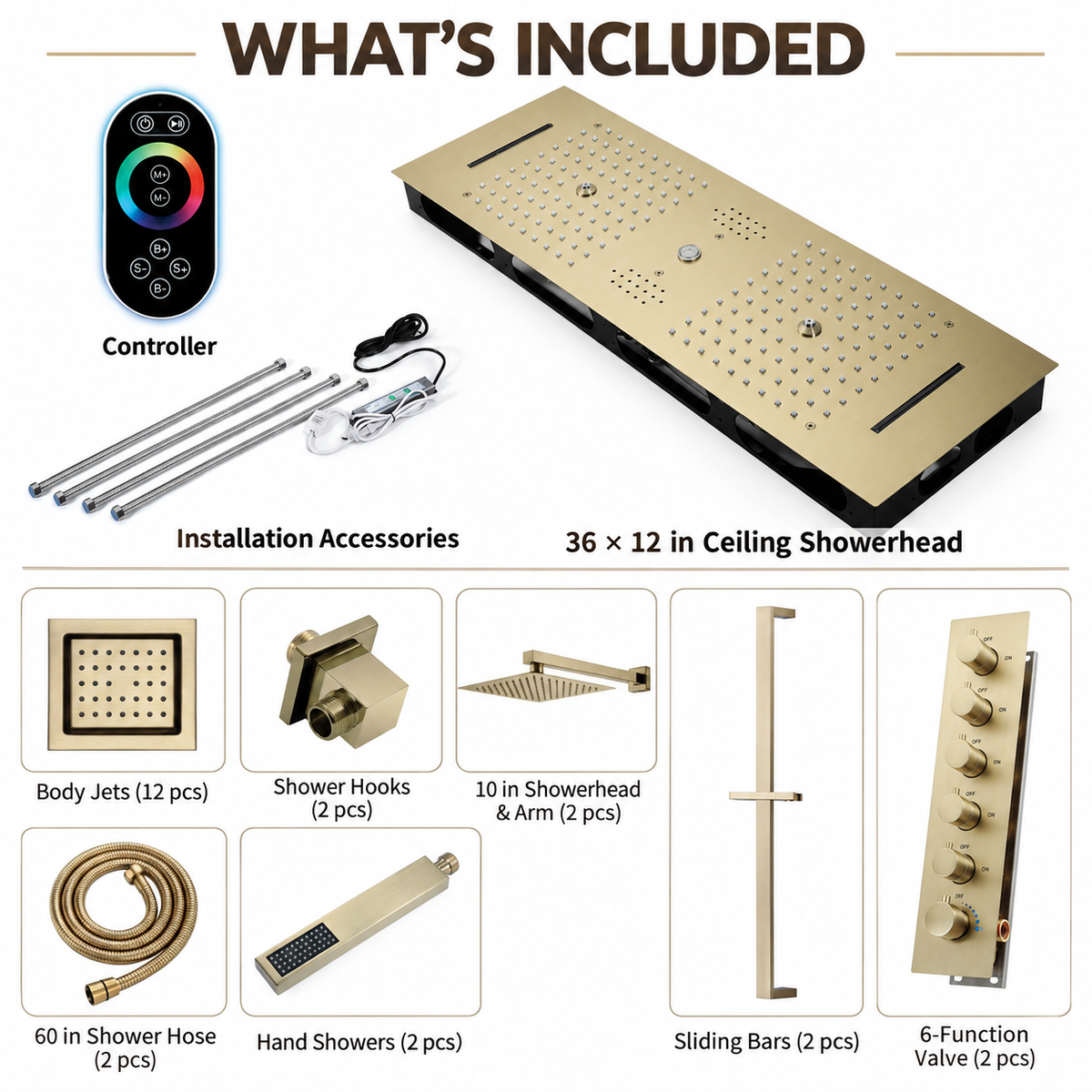 Multnomah shower system included components and installation accessories