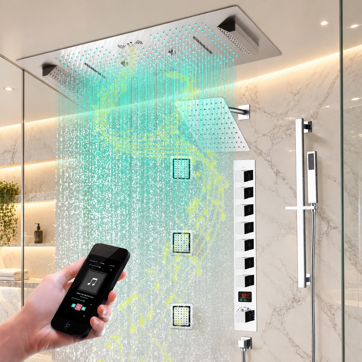 SAFARI chrome shower system with three body jets and digital thermostatic valve