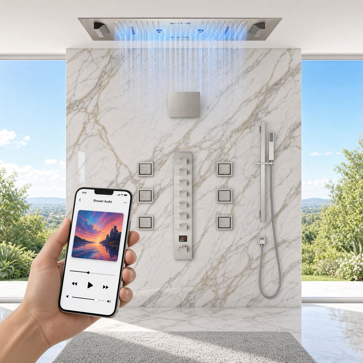 SAFARI brushed nickel LED music shower system with ceiling rain head and digital controls