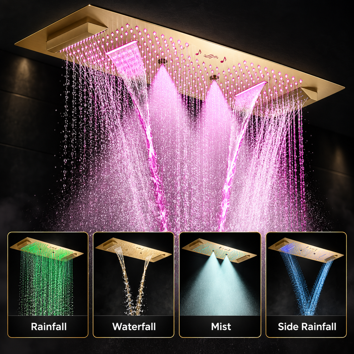SAFARI ceiling showerhead functions including rainfall, waterfall, mist and side rainfall