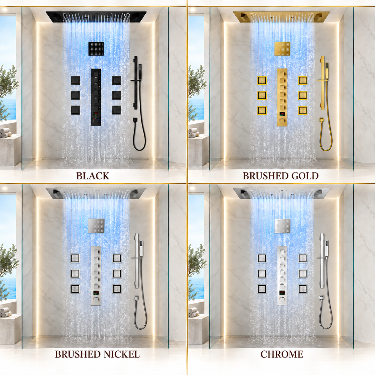 SAFARI shower system finish options in brushed gold, black, brushed nickel and chrome