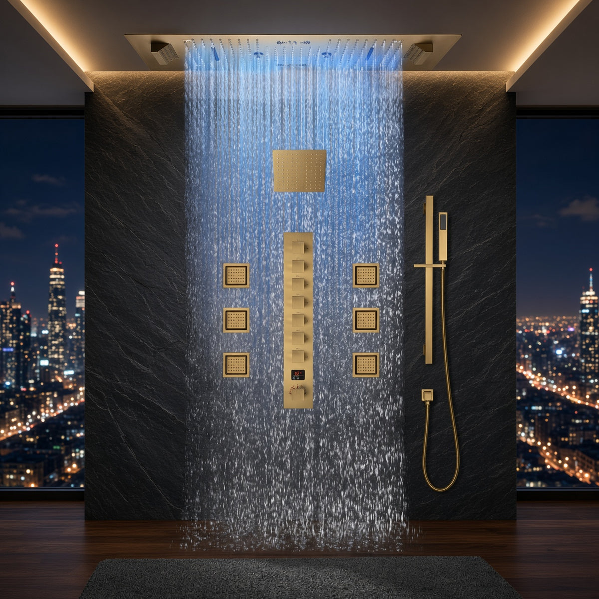 SAFARI luxury LED rainfall shower system with Bluetooth music and digital display
