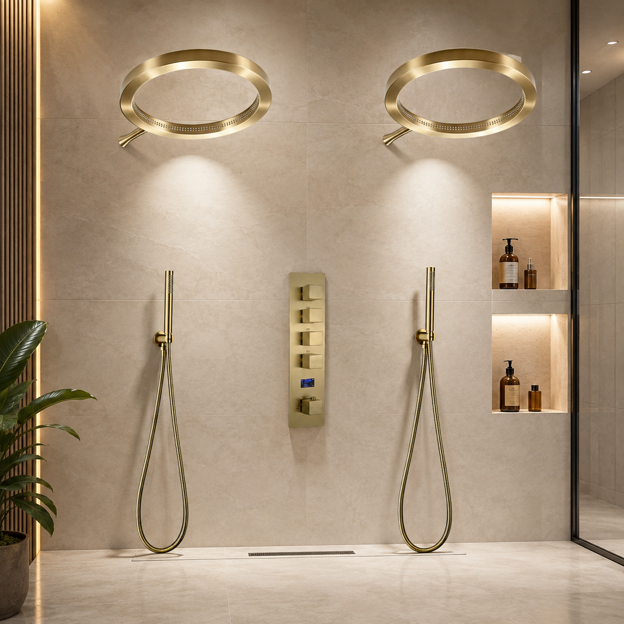 Sphere 20 inch complete dual showerhead system in brushed gold