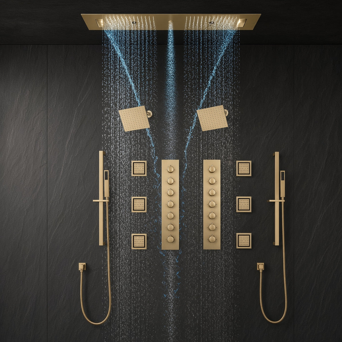 Multnomah brushed gold dual shower system on charcoal wall