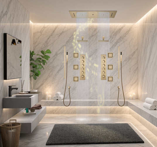 Multnomah brushed gold shower installation in marble bathroom