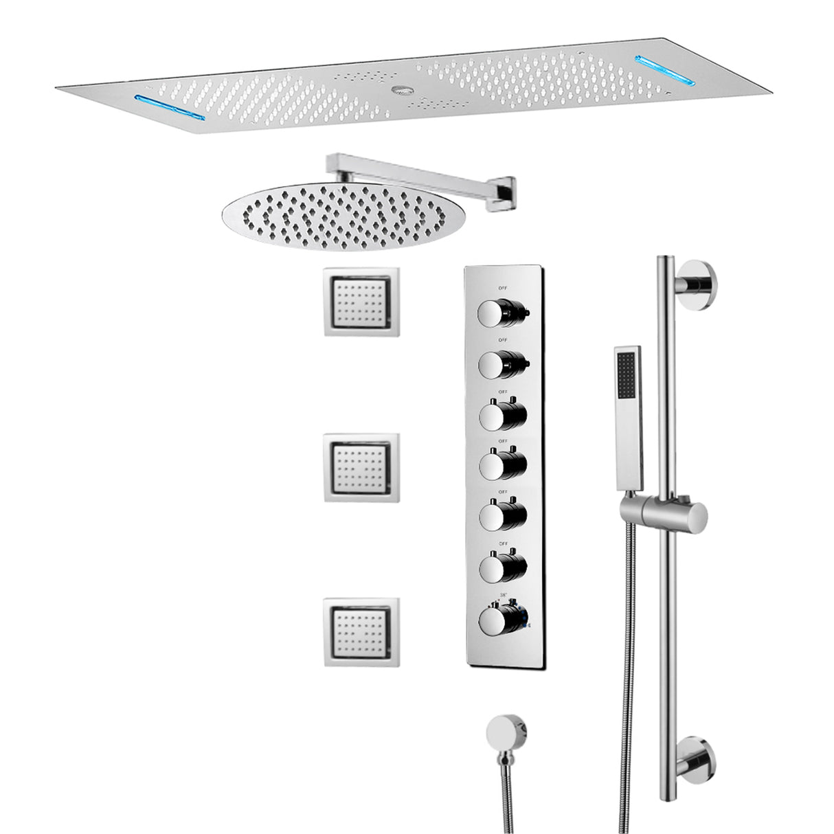 IVORY| 36" Complete ceiling shower set with 10" inch wall mounted rainfall showerhead 3 body jets dual shower head set
