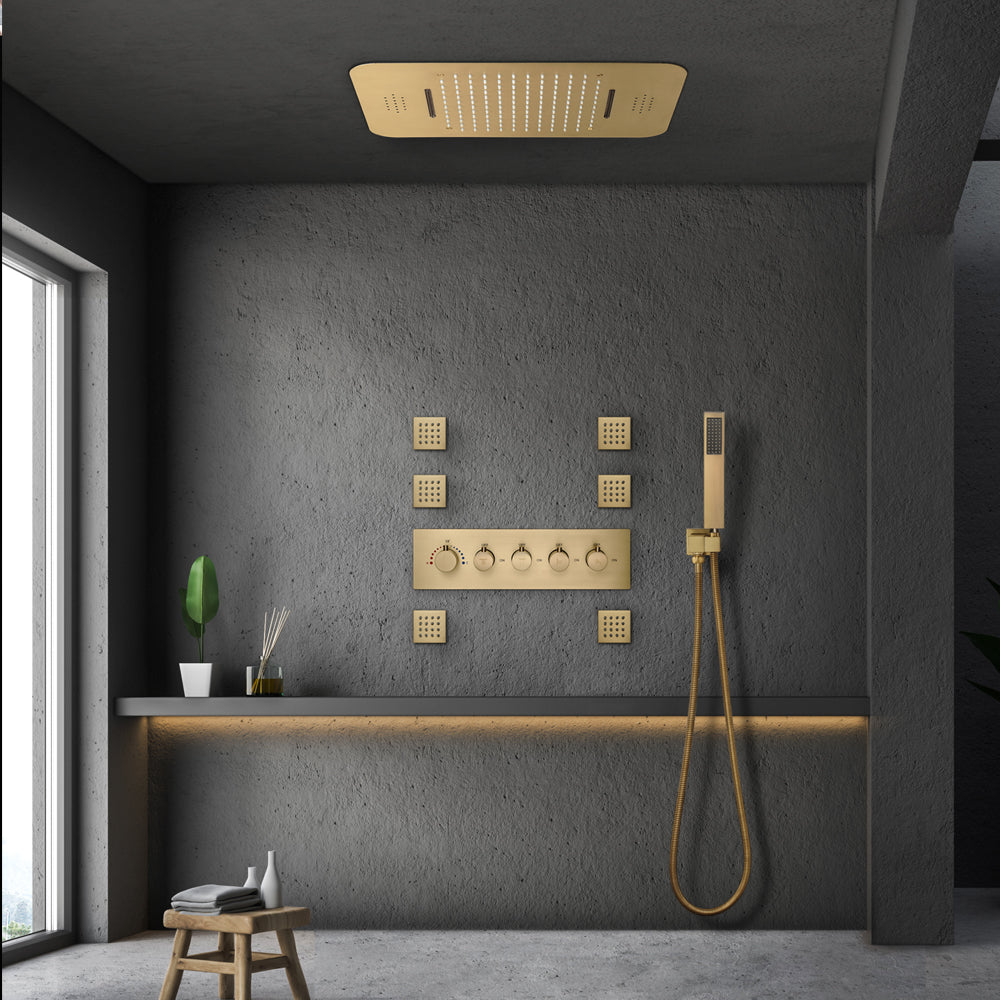 23" Ceiling mounted Thermostatic Complete Shower Set , LED Lights 2 Bluetooth Speakers, Rain & Waterfall Functions Smart Living and Technology