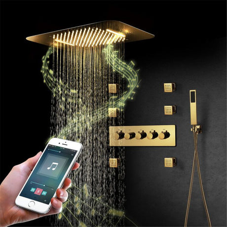 23"  Gold Complete Shower set Rain & Waterfall Functions. 2 Bluetooth Speakers 64 Colors LED lights , 6 Relaxing  Muscles Body Jets, Hand shower & Spouts. Smart Living and Technology