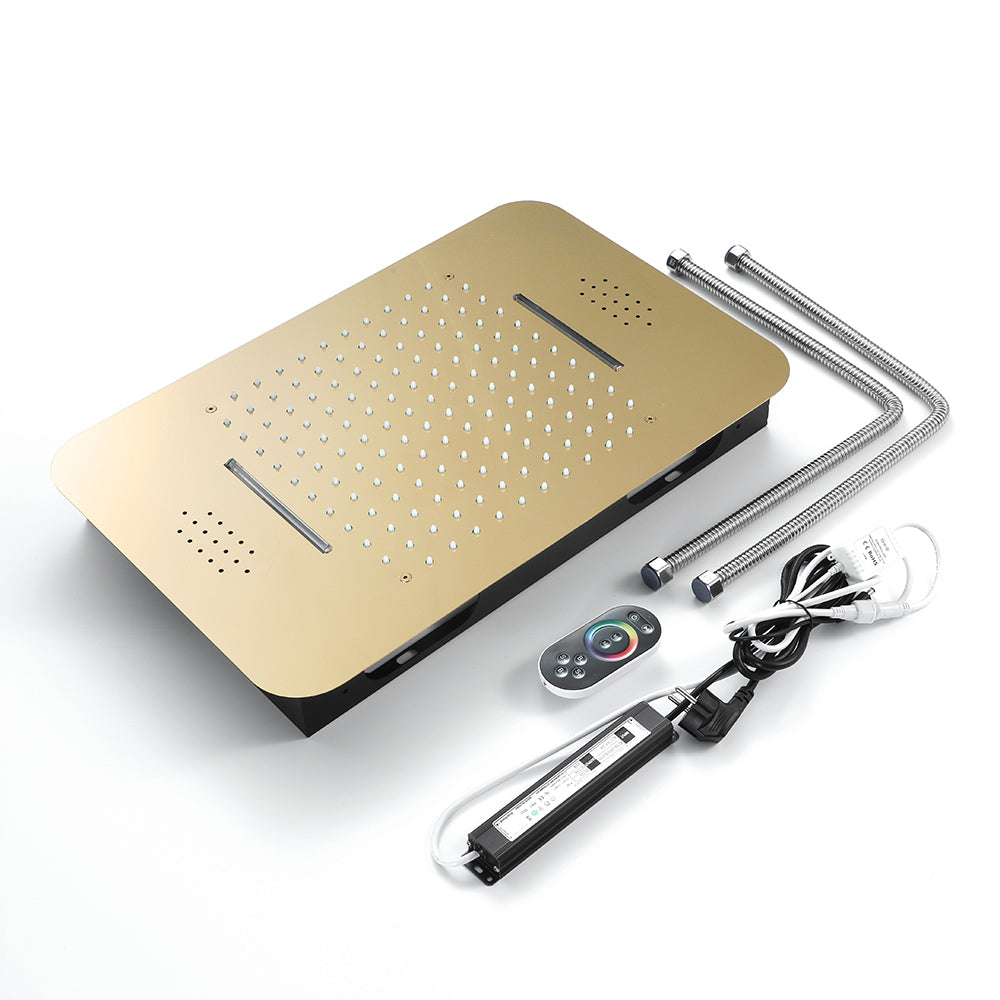 23"  Gold Complete Shower set Rain & Waterfall Functions. 2 Bluetooth Speakers 64 Colors LED lights , 6 Relaxing  Muscles Body Jets, Hand shower & Spouts. Smart Living and Technology