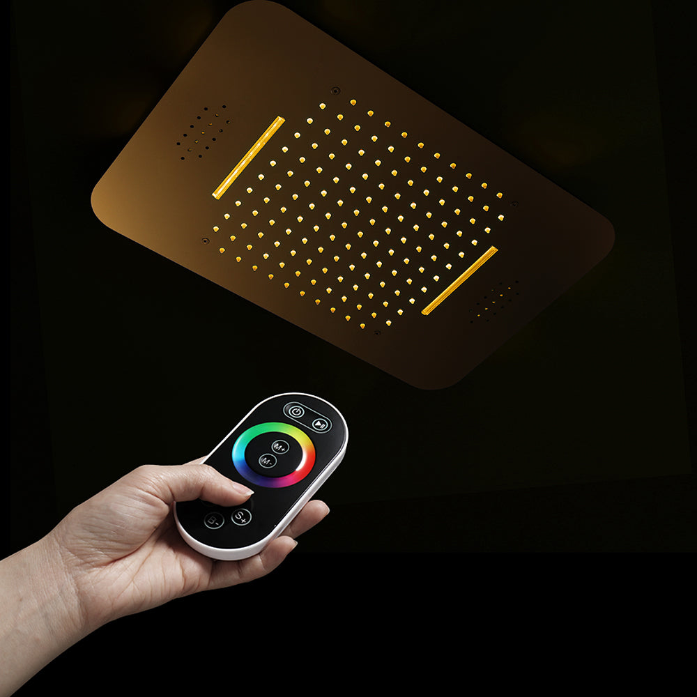 23"  Gold Complete Shower set Rain & Waterfall Functions. 2 Bluetooth Speakers 64 Colors LED lights , 6 Relaxing  Muscles Body Jets, Hand shower & Spouts. Smart Living and Technology