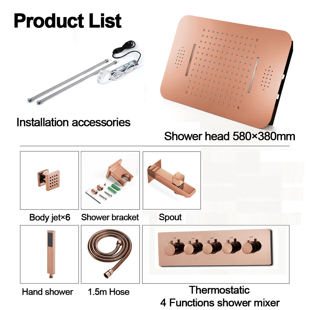 23"  Gold Complete Shower set Rain & Waterfall Functions. 2 Bluetooth Speakers 64 Colors LED lights , 6 Relaxing  Muscles Body Jets, Hand shower & Spouts. Smart Living and Technology