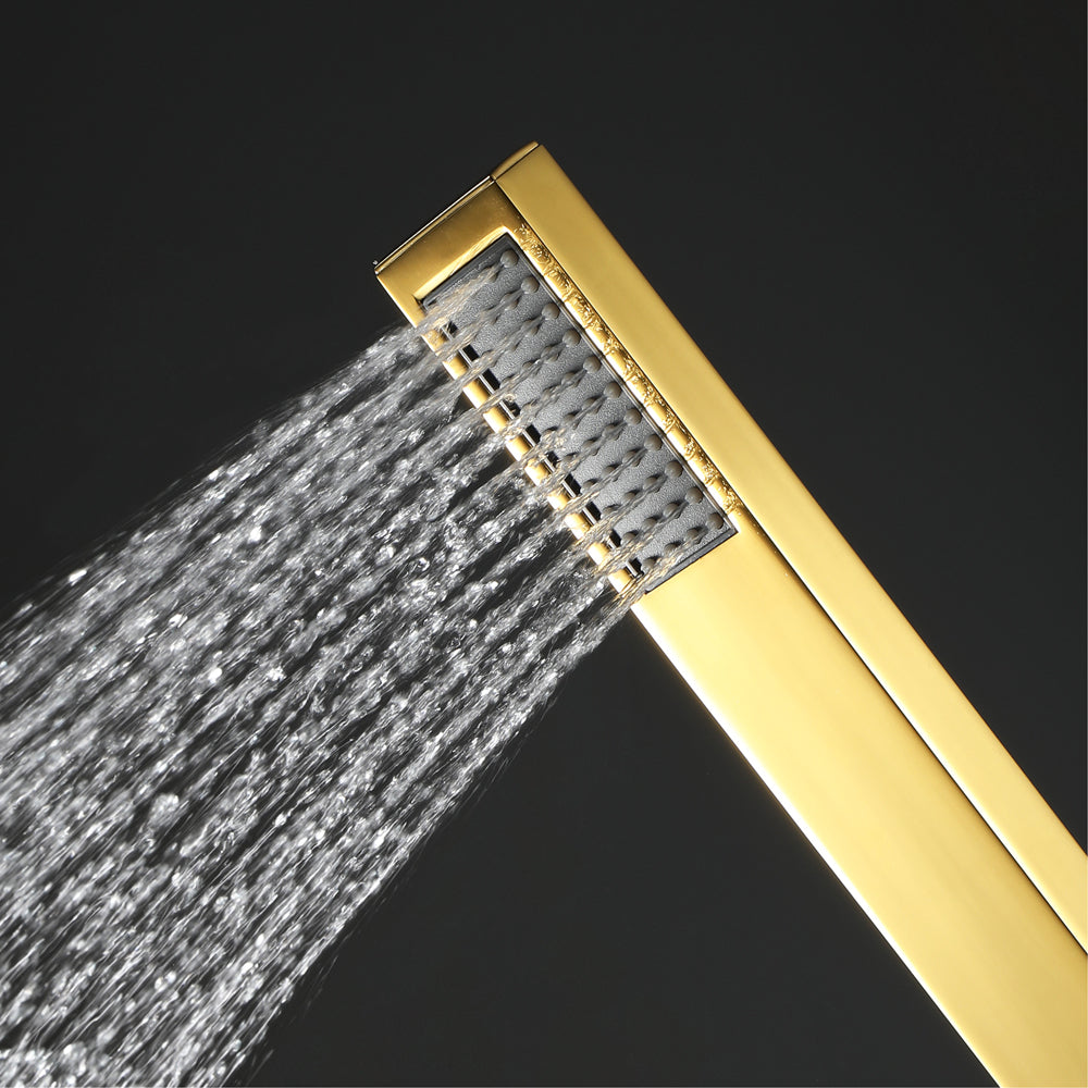 23"  Gold Complete Shower set Rain & Waterfall Functions. 2 Bluetooth Speakers 64 Colors LED lights , 6 Relaxing  Muscles Body Jets, Hand shower & Spouts. Smart Living and Technology