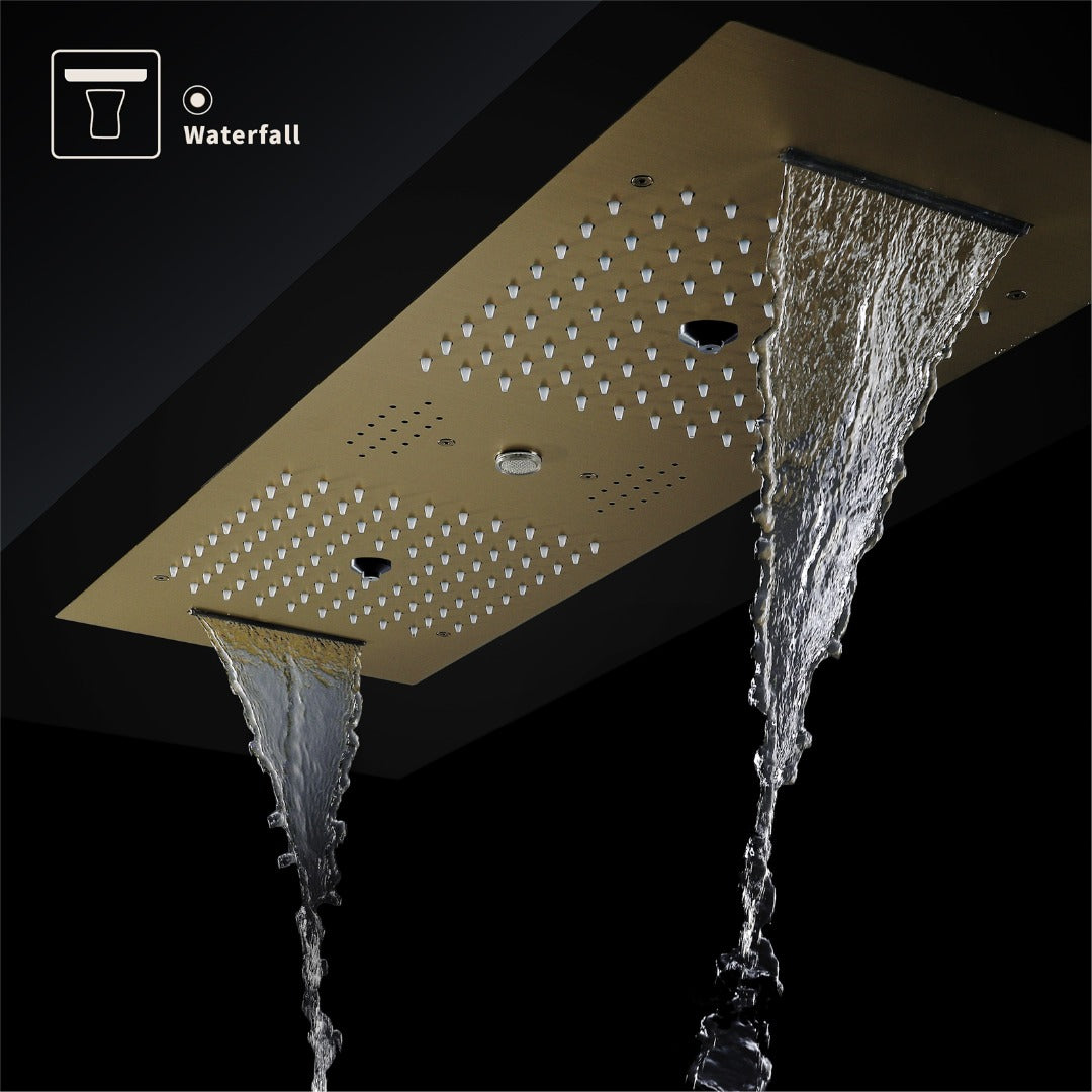 EDEN  | 36" Ceiling mounted Brushed Gold Complete LED Music Shower Set Rainfall/Waterfall/Mist Spray/Water Column/Large Body Jets Smart Living and Technology