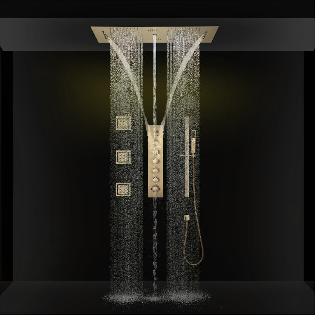 EDEN  | 36" Ceiling mounted Brushed Gold Complete LED Music Shower Set Rainfall/Waterfall/Mist Spray/Water Column/Large Body Jets Smart Living and Technology
