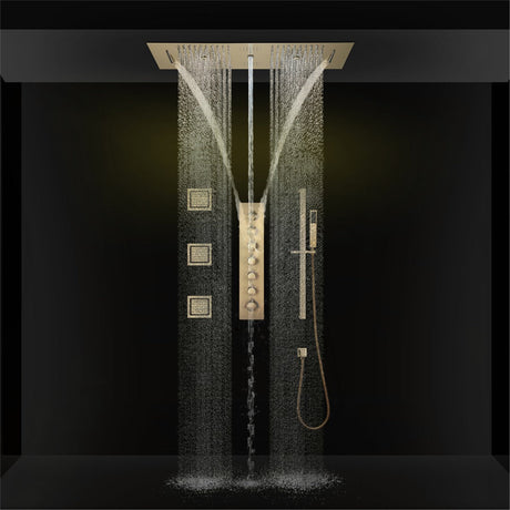 EDEN  | 36" Ceiling mounted Brushed Gold Complete LED Music Shower Set Rainfall/Waterfall/Mist Spray/Water Column/Large Body Jets Smart Living and Technology