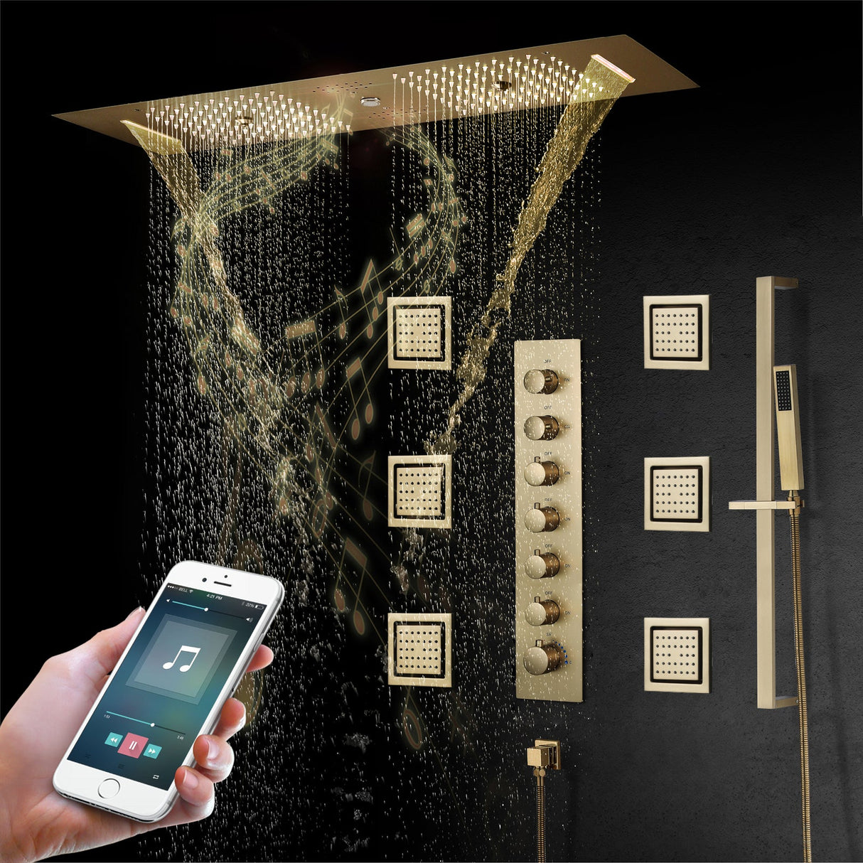 EDEN  | 36" Ceiling mounted Brushed Gold Complete LED Music Shower Set Rainfall/Waterfall/Mist Spray/Water Column/Large Body Jets Smart Living and Technology