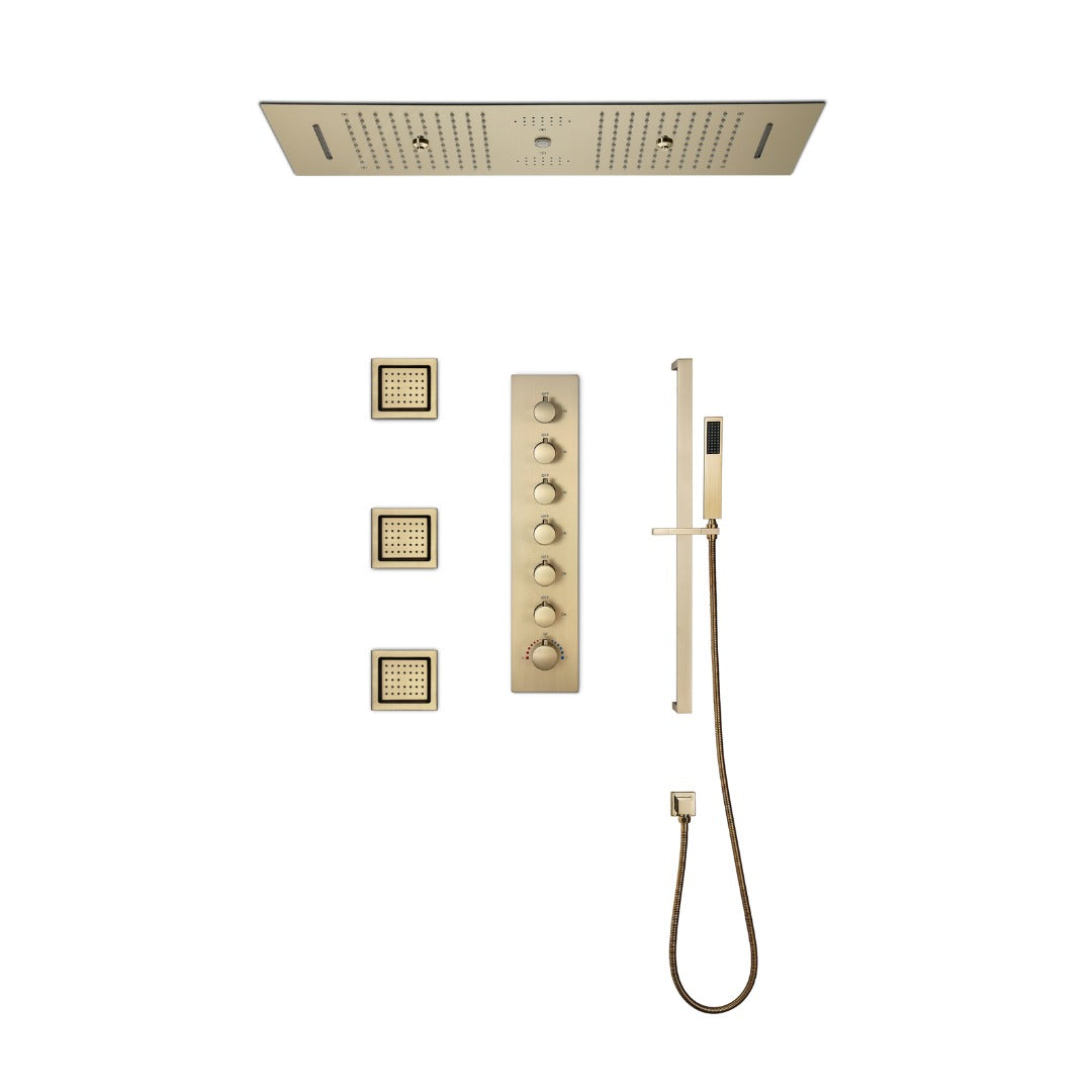 EDEN  | 36" Ceiling mounted Brushed Gold Complete LED Music Shower Set Rainfall/Waterfall/Mist Spray/Water Column/Large Body Jets Smart Living and Technology