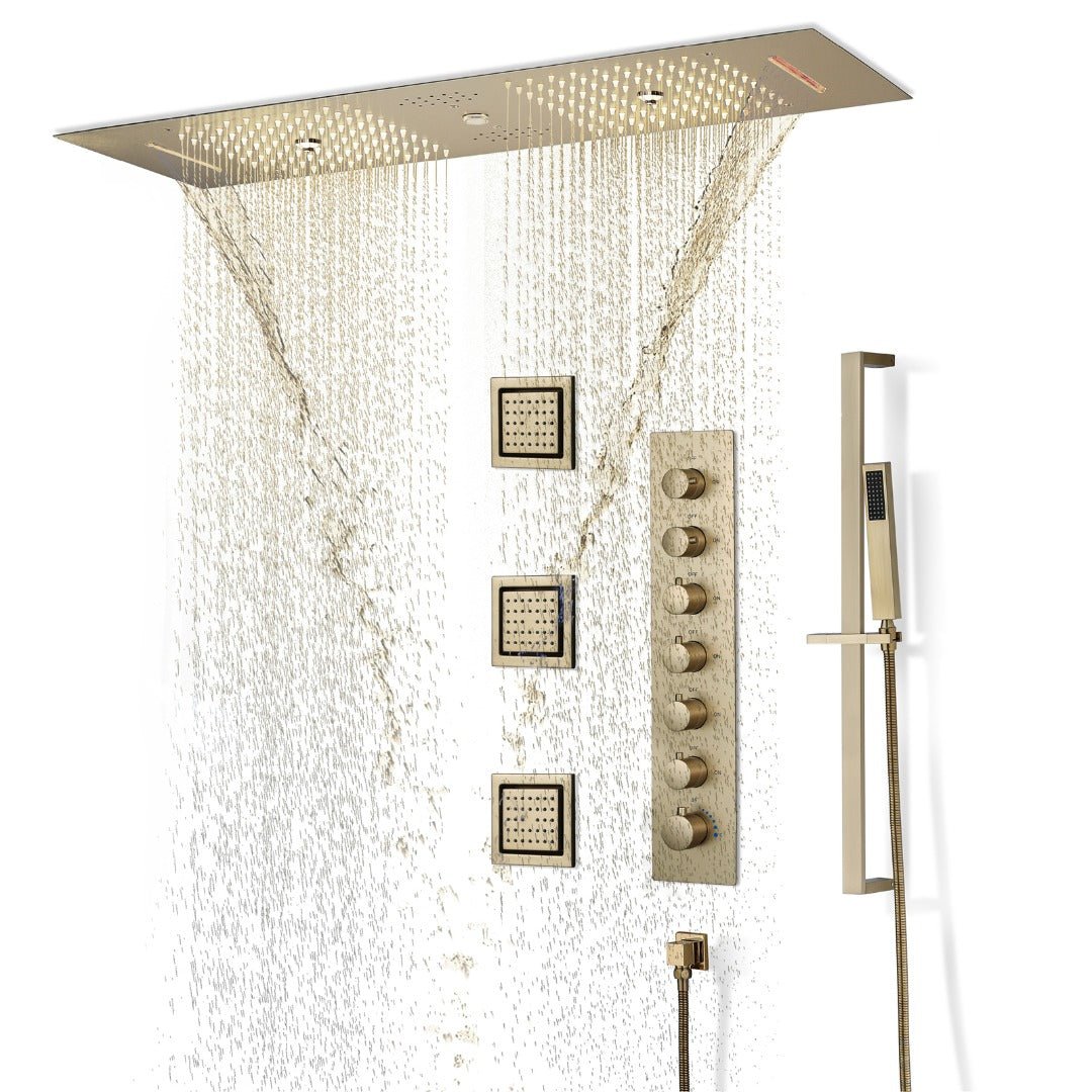 EDEN  | 36" Ceiling mounted Brushed Gold Complete LED Music Shower Set Rainfall/Waterfall/Mist Spray/Water Column/Large Body Jets Smart Living and Technology