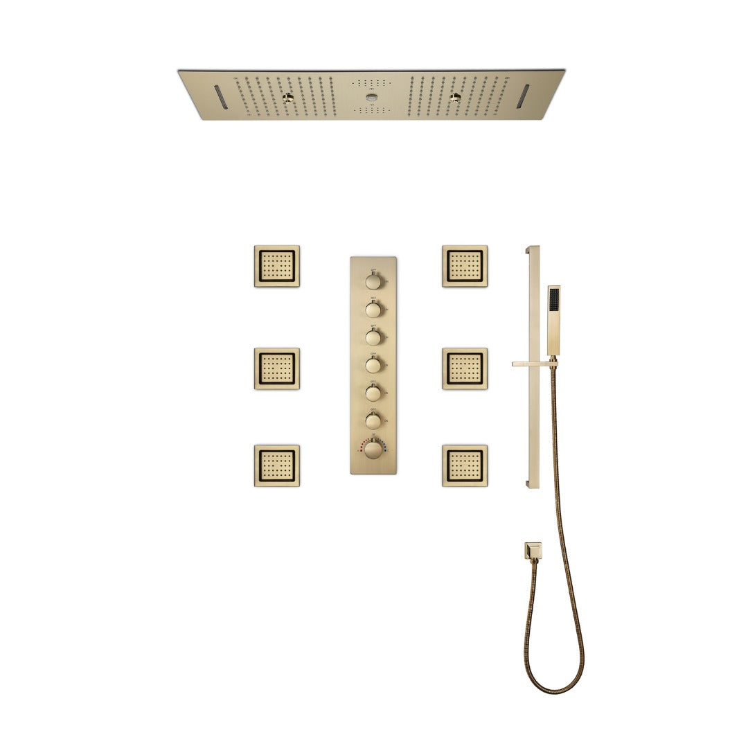 EDEN  | 36" Ceiling mounted Brushed Gold Complete LED Music Shower Set Rainfall/Waterfall/Mist Spray/Water Column/Large Body Jets Smart Living and Technology