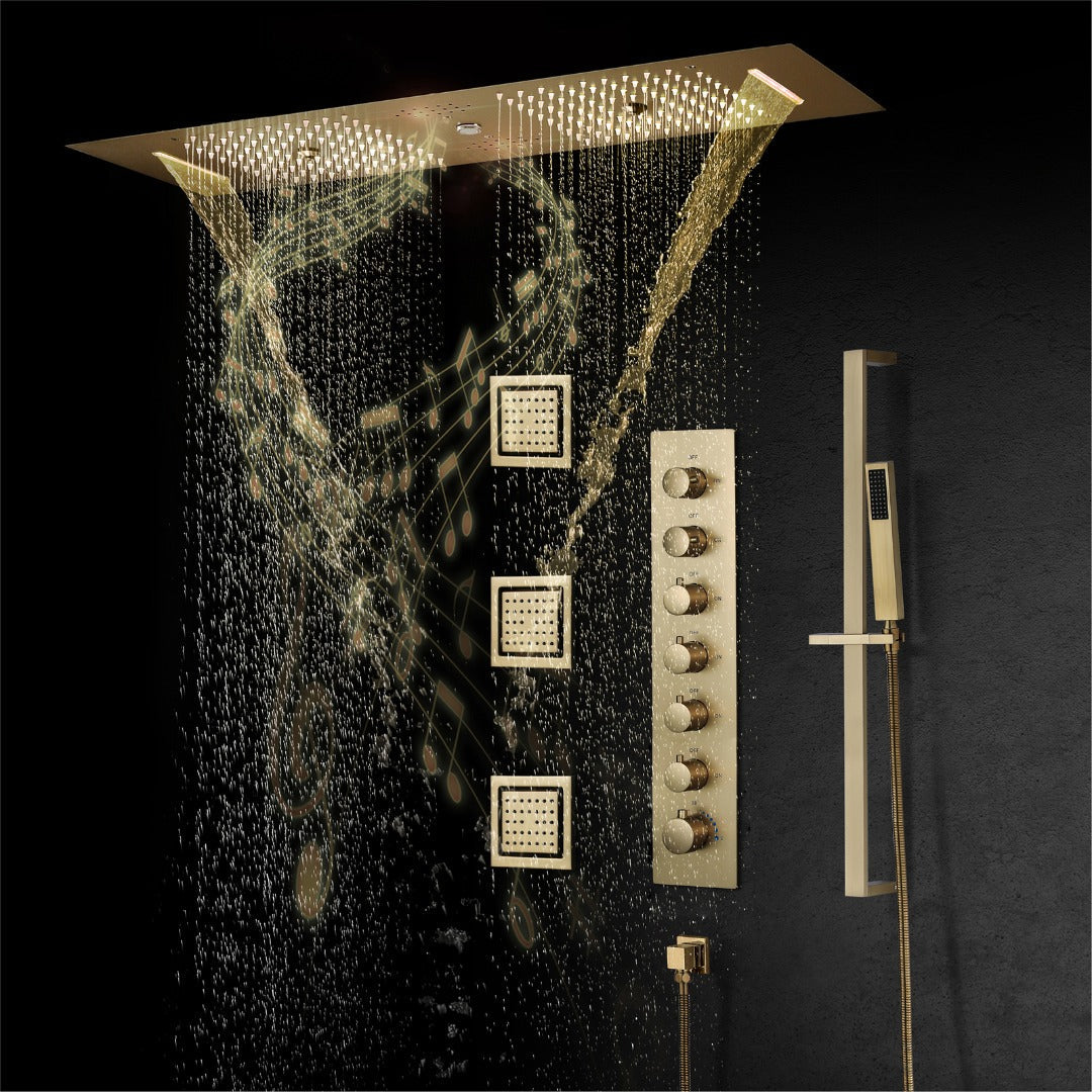 EDEN  | 36" Ceiling mounted Brushed Gold Complete LED Music Shower Set Rainfall/Waterfall/Mist Spray/Water Column/Large Body Jets Smart Living and Technology