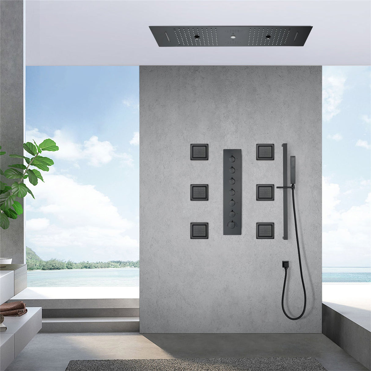 EDEN BLACK| 36" Inch Ceiling Mounted Complete Luxury Shower Set Body Jets LED Light Rain Waterfall Misty Spry & Column Smart Living and Technology