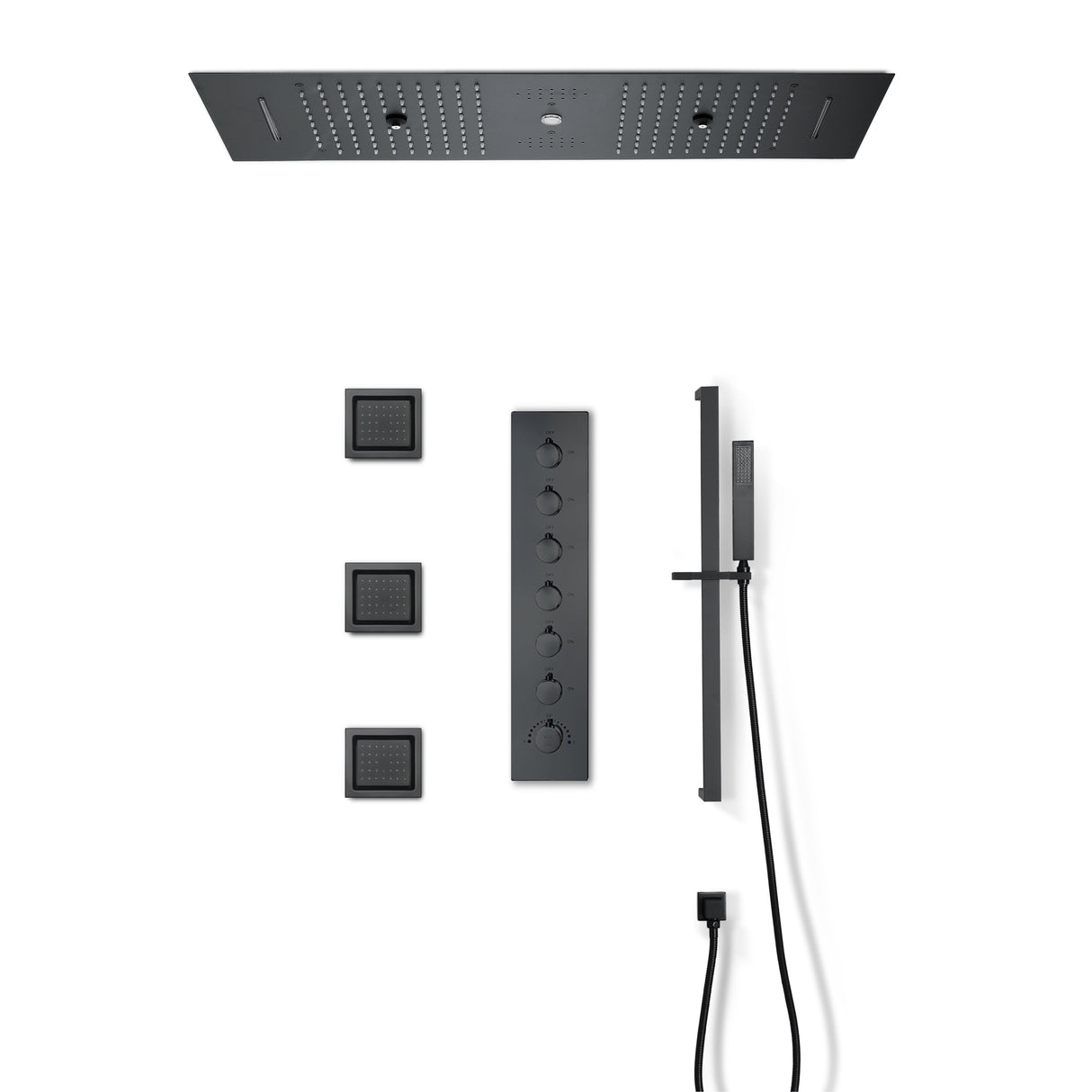 EDEN BLACK| 36" Inch Ceiling Mounted Complete Luxury Shower Set Body Jets LED Light Rain Waterfall Misty Spry & Column Smart Living and Technology