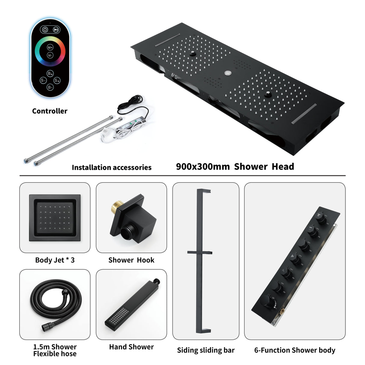 EDEN BLACK| 36" Inch Ceiling Mounted Complete Luxury Shower Set Body Jets LED Light Rain Waterfall Misty Spry & Column Smart Living and Technology