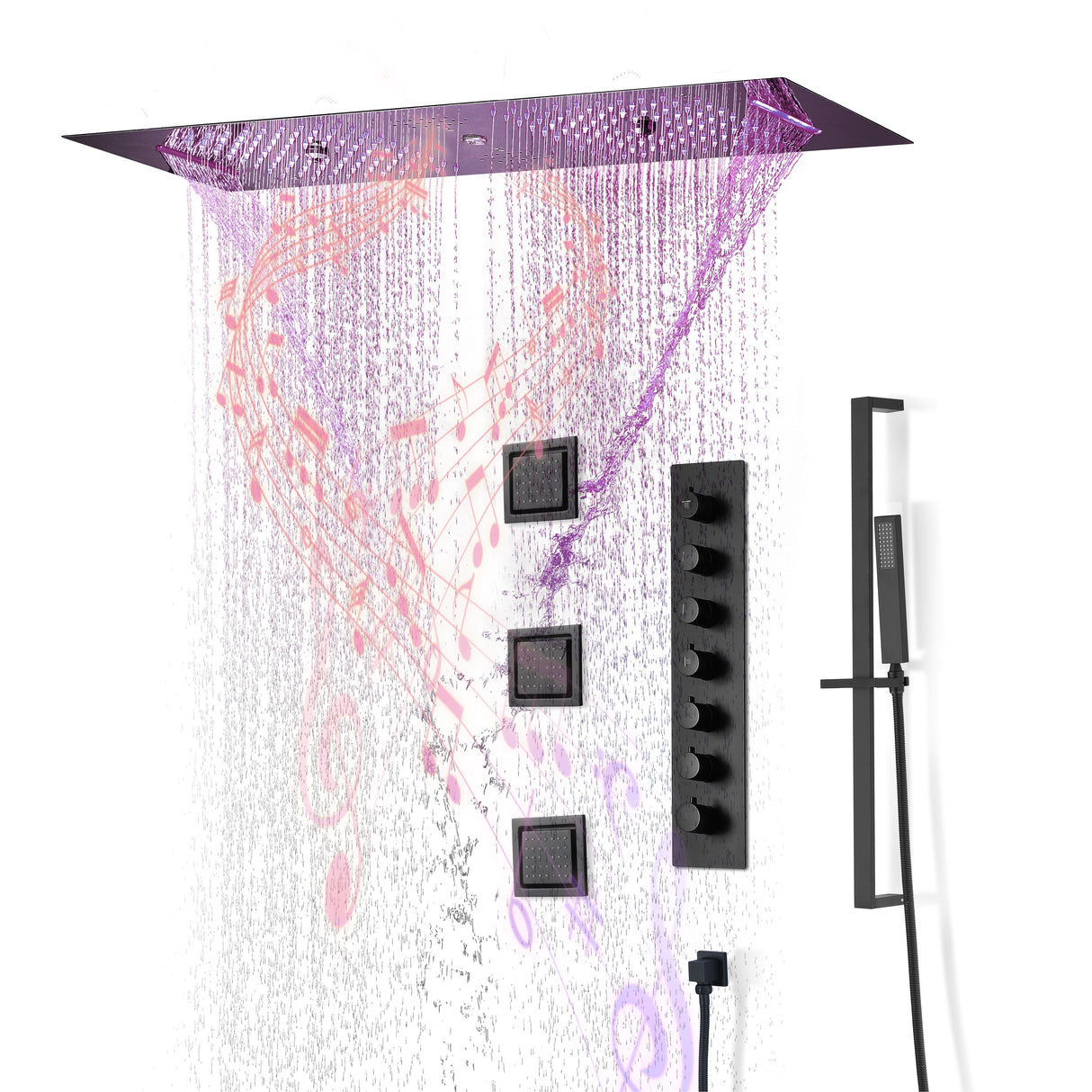 EDEN BLACK| 36" Inch Ceiling Mounted Complete Luxury Shower Set Body Jets LED Light Rain Waterfall Misty Spry & Column Smart Living and Technology