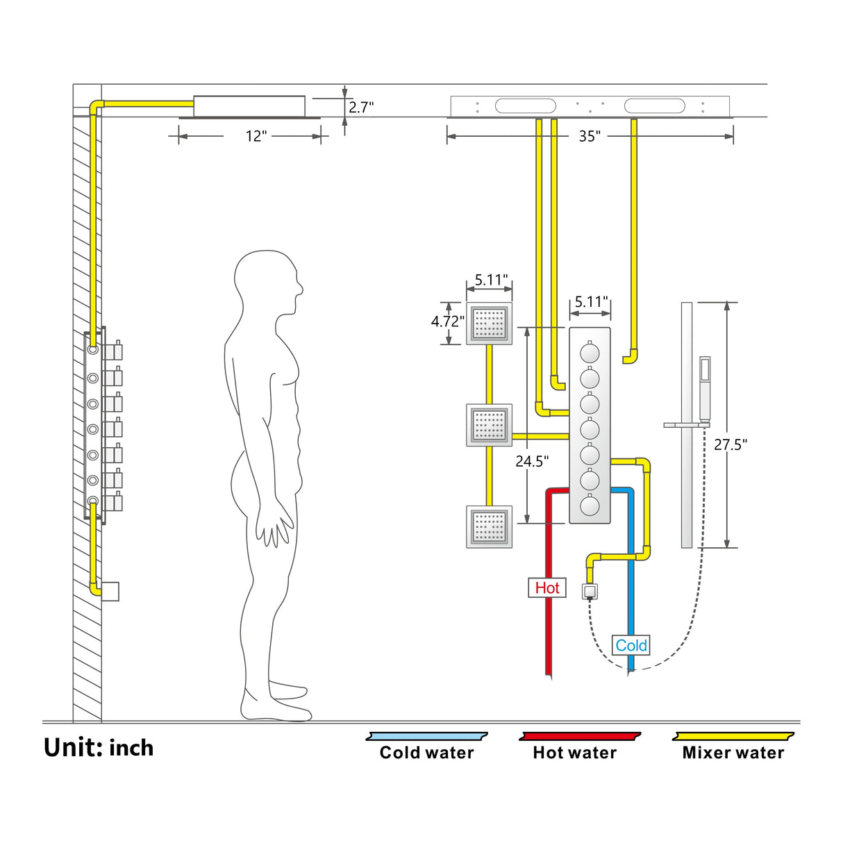 EDEN CHROME | Luxury 36" Inches Complete Led Music Shower Set Rain/waterfall/mist Spray/water Column/3 Large Body Jets Functions Smart Living and Technology