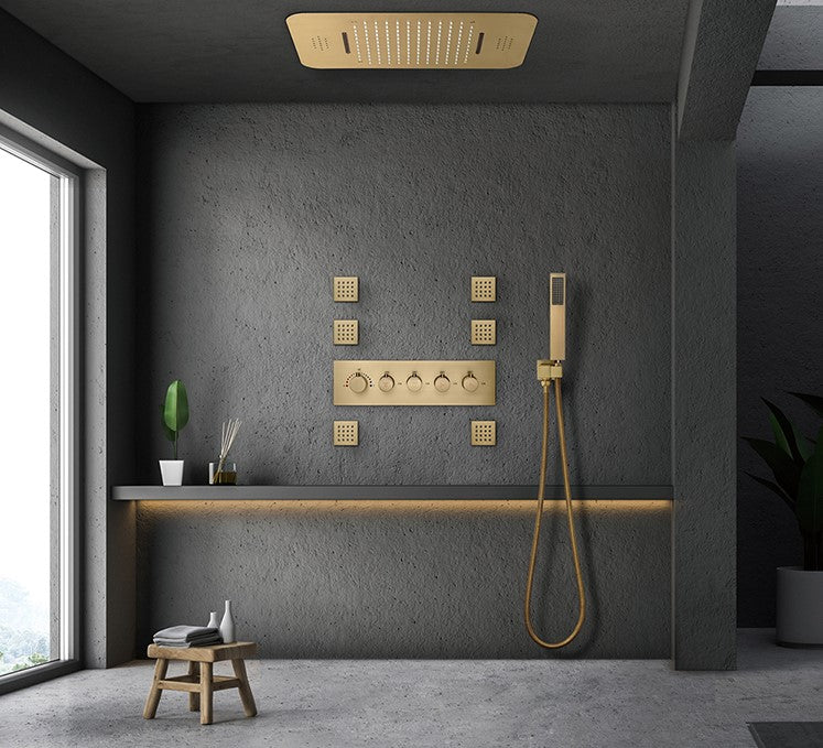 FAVOR | 23" Brushed Gold  Ceiling Mounted  Complete Thermostatic LED Music Shower System 6 Body Jets - Brushed Gold Smart Living and Technology