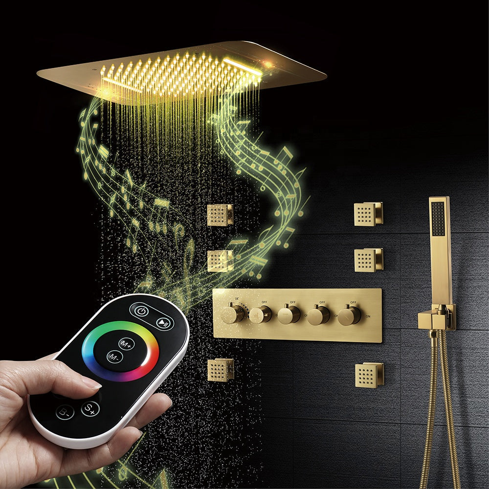 FAVOR | 23" Brushed Gold  Ceiling Mounted  Complete Thermostatic LED Music Shower System 6 Body Jets - Brushed Gold Smart Living and Technology