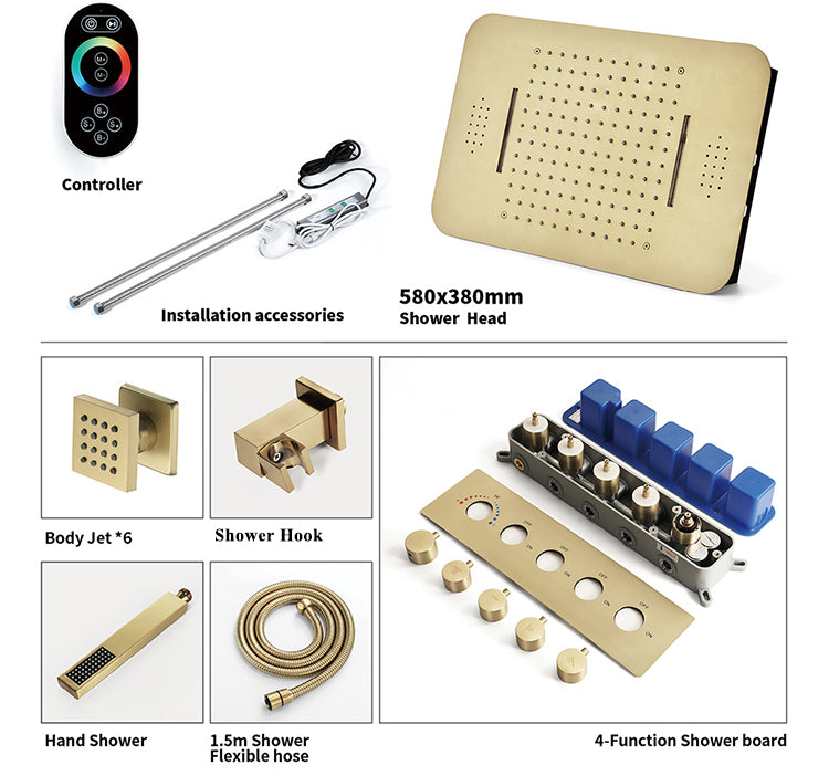 FAVOR | 23" Brushed Gold  Ceiling Mounted  Complete Thermostatic LED Music Shower System 6 Body Jets - Brushed Gold Smart Living and Technology