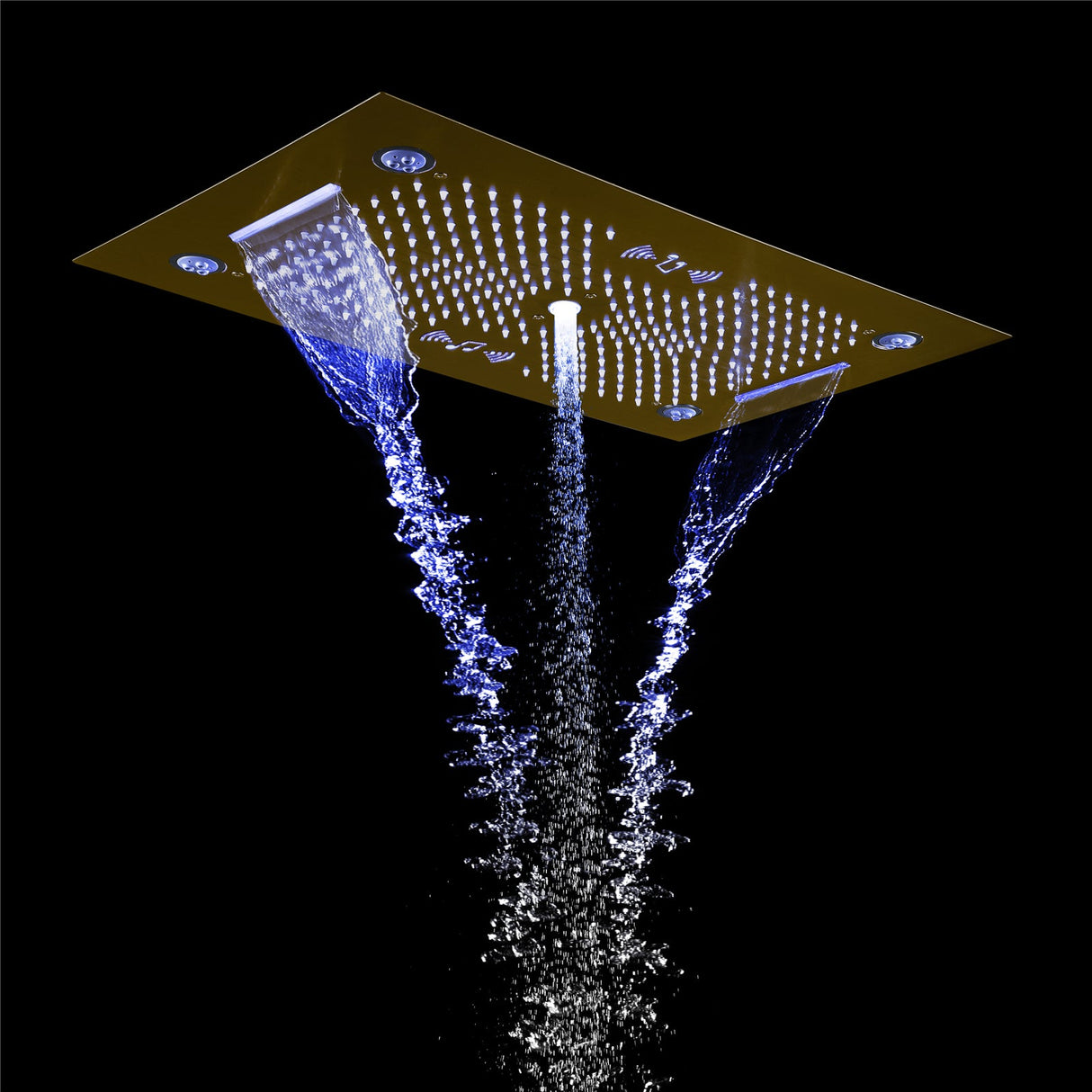 HAVASU| 28" CEILING MOUNTED BRUSHED GOLD LED MUSIC SHOWER SET RAINFALL/WATERFALL/WATER SPIN & COLUMN FUNCTIONS Smart Living and Technology