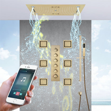 HAVASU| 28" CEILING MOUNTED BRUSHED GOLD LED MUSIC SHOWER SET RAINFALL/WATERFALL/WATER SPIN & COLUMN FUNCTIONS Smart Living and Technology