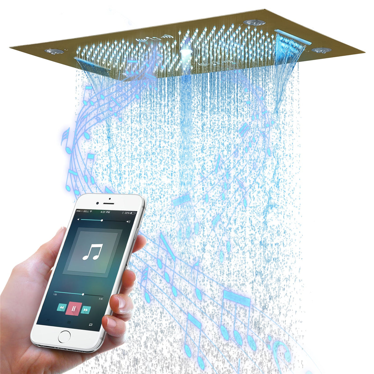 HAVASU| 28" CEILING MOUNTED BRUSHED GOLD LED MUSIC SHOWER SET RAINFALL/WATERFALL/WATER SPIN & COLUMN FUNCTIONS Smart Living and Technology