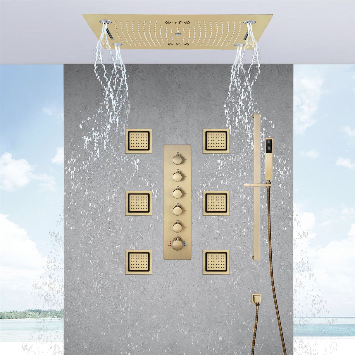 HAVASU| 28" CEILING MOUNTED BRUSHED GOLD LED MUSIC SHOWER SET RAINFALL/WATERFALL/WATER SPIN & COLUMN FUNCTIONS Smart Living and Technology